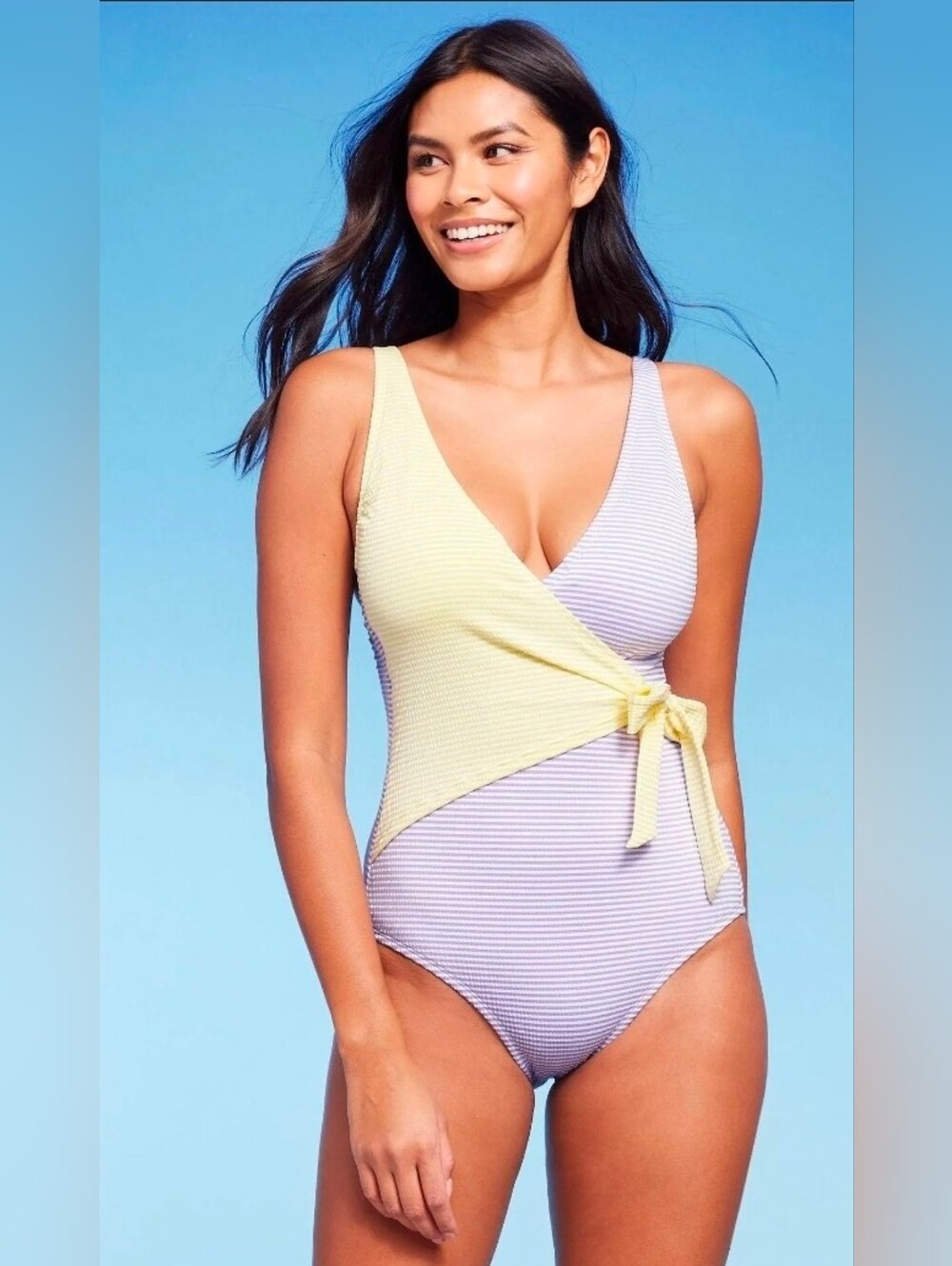 Striped Blue & Pale Yellow Gingham One-Piece Wrap Swimsuit - XL